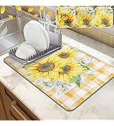 LOKHOM Dish Drying Mat for Kitchen Counter, 12"x20" Absorbent Coffee Bar Mat with Sunflowers, Vin...