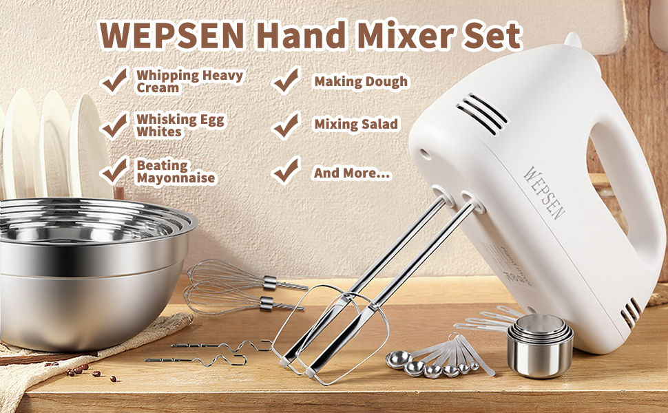 Ecectric hand mixer, mixing bowls, stainless steel measuring cups spoons
