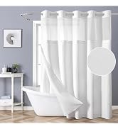 eachope White No Hook Shower Curtain with Snap-in Fabric Liner Set,Slub Textured Fabric Shower Cu...