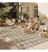 HUGEAR 8x10 Outdoor Rug Brown/Beige Linen-Look Fabric Checkered Area Rug High Traffic Stain Resis...