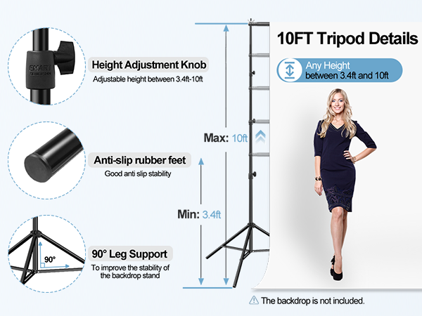 The tripod legs feature an adjustable height range from 3.4 feet to a full 10 feet