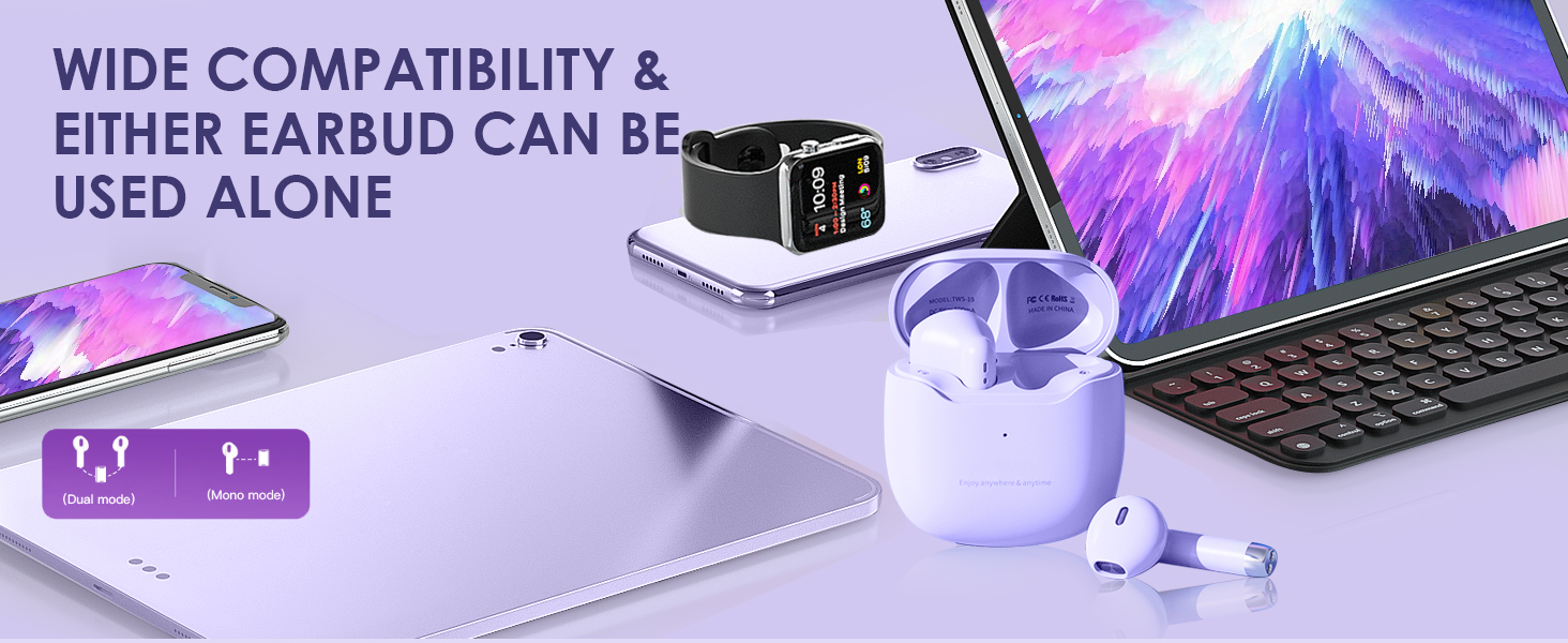 WIDE COMPATIBILITY &amp;amp;EITHER EARBUD CAN BE USED ALONE
