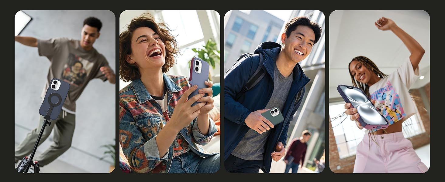 lifestyle images showing commuter case used for recording, video call, on the go, and dancing