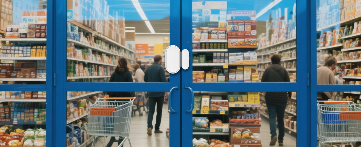 Interior view of retail store aisles with tall shelving units containing products. Bright fluorescent lighting illuminates organized store shelves.