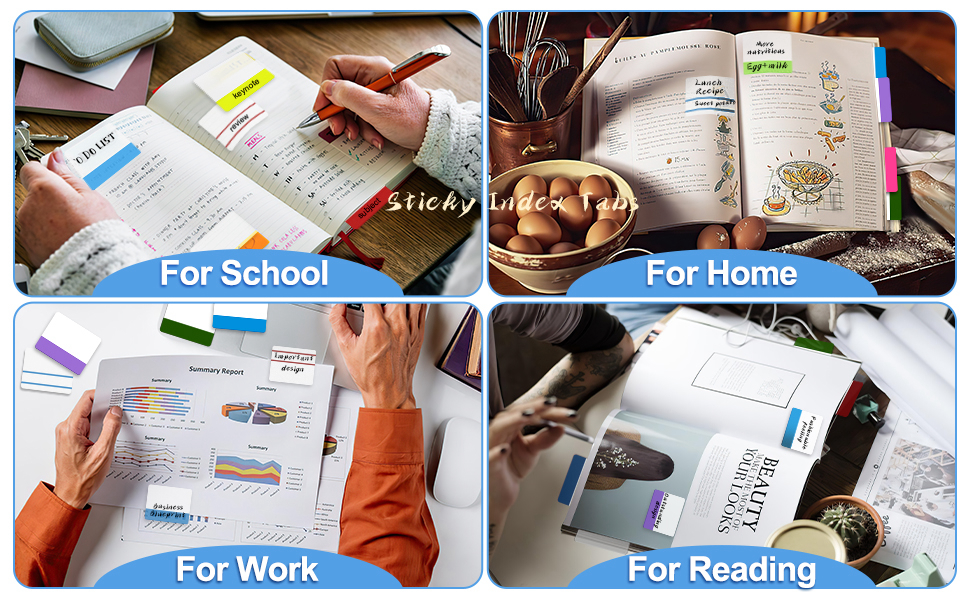 Four-panel collage showing writing and reading scenarios for school, home, work, and reading activities with notebooks and documents.