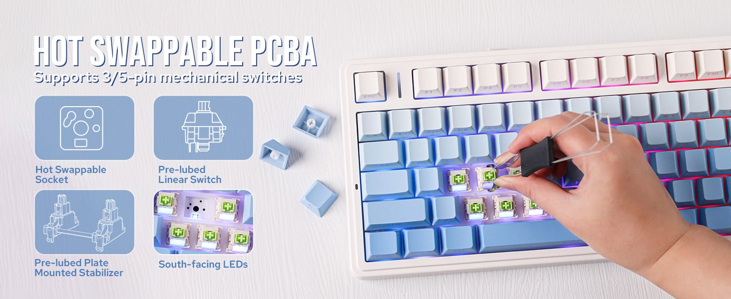 Keyboard with colorful keycaps being disassembled. Hand removing a blue keycap. Product info shows 134 pieces and hot-swappable feature.