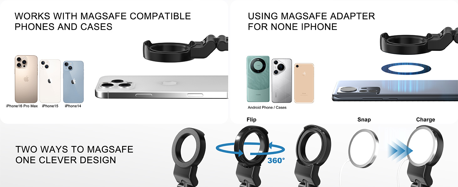 works with MagSafe compatible Phones and cases, usng MagSafe adapter for other phones