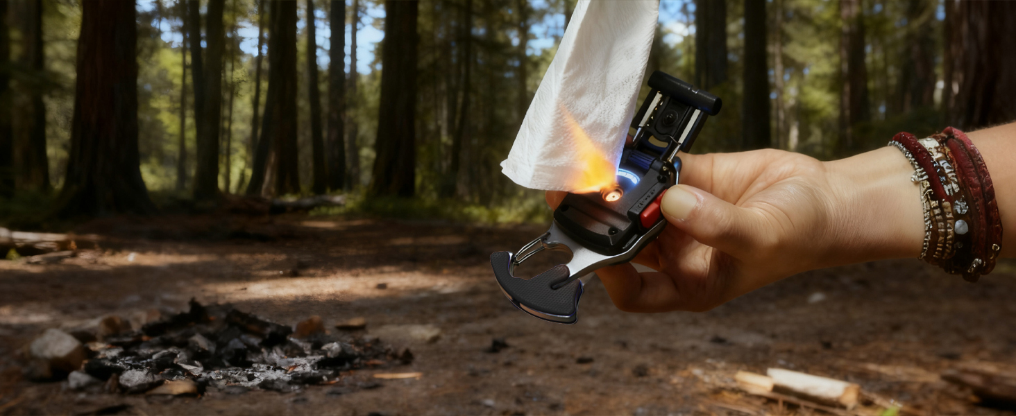 Cigarette lighter that ignites a tissue, aiding in wilderness survival and emergency situations.