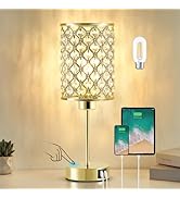 Crystal Table Lamp, Gold Touch Lamp for Nightstand with USB C+A Ports, 3 Way Dimmable Lamp with C...