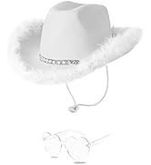 YBHOMINE Cowboy Hat with Heart Sunglasses - Cowgirl Hat with Feather Boa Brim for Women&amp;Men,Bache...