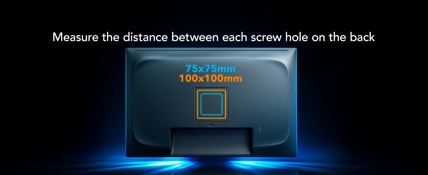 Back of monitor showing VESA 75x75 and 100x100; use adapter if no mounting holes.