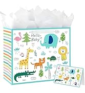 Yusenguan 13" Large Baby Gift Bag with Tissue Paper and Card (Woodland Animals) for Baby Showers,...