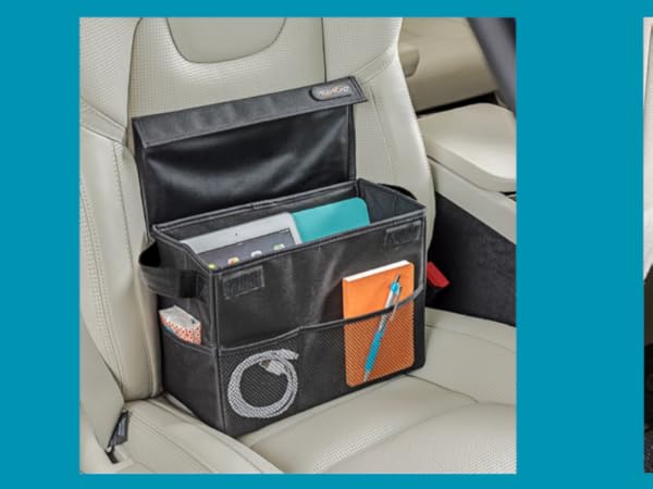 carganizer in front seat and on the floor of a car