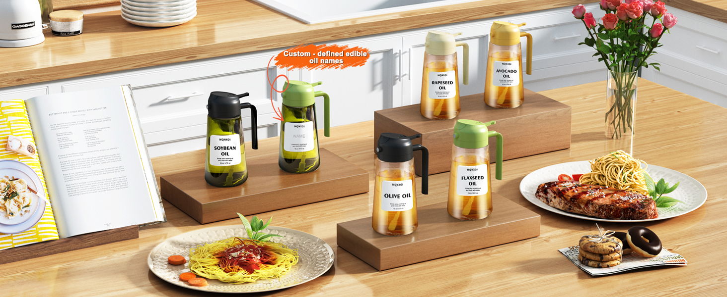 Oil Sprayer for Cooking, 2 in 1 Olive Oil Dispenser Bottle for Kitchen, Cooking oil stickers