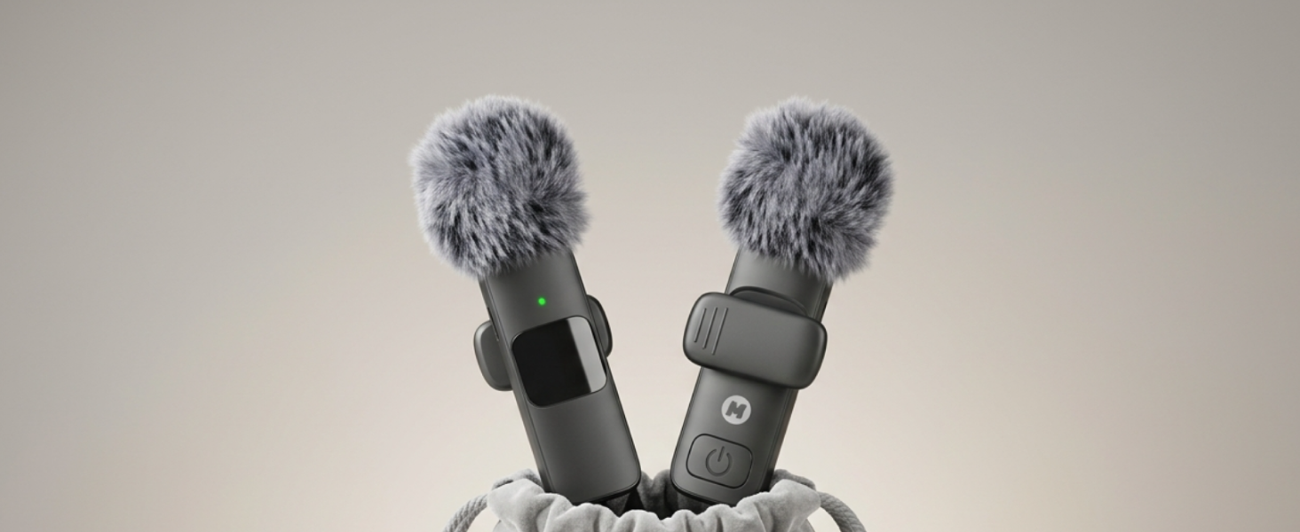 two mini mic pro wireless mics with deadcat windshields standing upright beside an open velvet trave