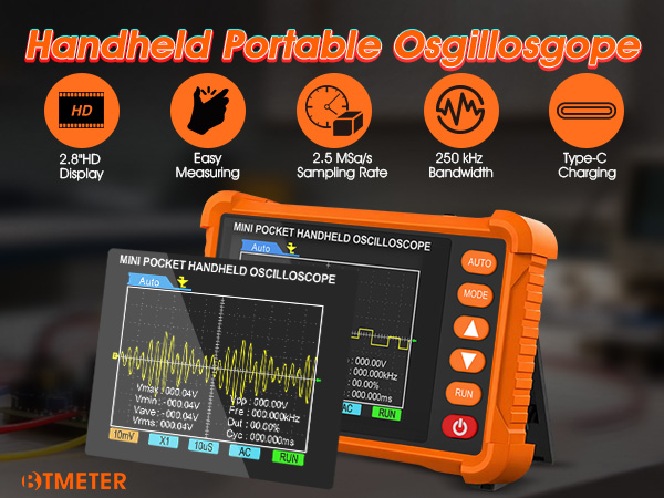 BTMETER mini oscilloscope auto/single trigger scope 250 kHz Bandwidth waveform tool Lab scope gifts