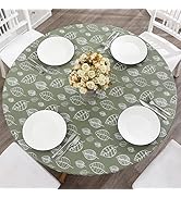 Round Vinyl Fitted Tablecloth with Flannel Backing Elastic Edge Design Table Cover Waterproof Oil...