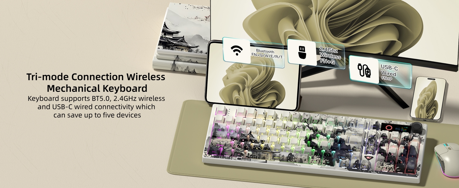 Womier L98 Retro Wireless Mechanical Creamy Keyboard with TFT Screen&amp;amp;Knob