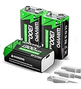 3-Pack 1300mAh Rechargeable 9V Batteries, 9 Volt Lithium Batteries USB-C Charge with 2 in 1 Charg...