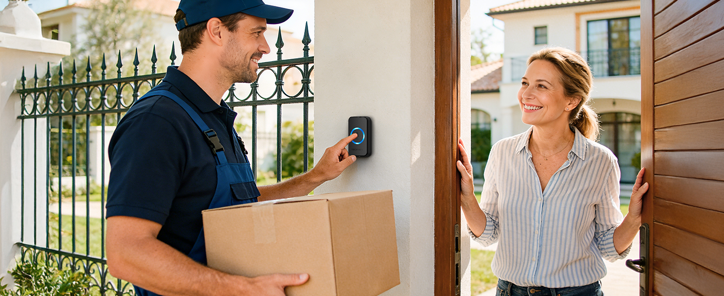 Series of three delivery service images showing interaction at residential doorways, featuring delivery personnel and customers during package delivery.