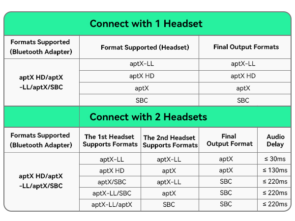 Text reads 'Connect with 1 Headset' and 'Connect with 2 Headsets' with format specifications listed: 'Formats Supported (Bluetooth Adapter)', 'Format Supported (Headset)', 'Final Output Formats'. Chart showing audio codec compatibility and output specifications for various formats.