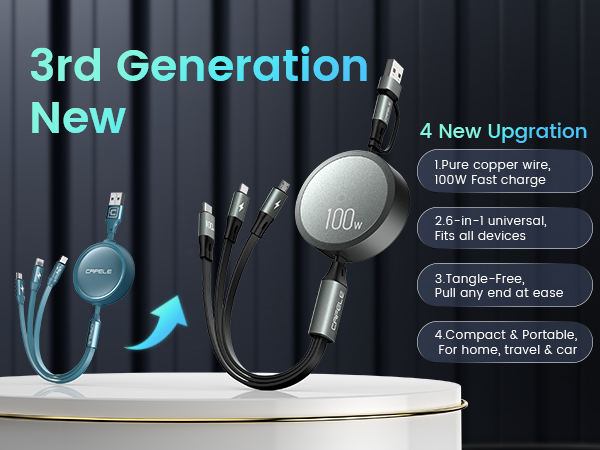 4 new upgration 100W 6-in-1 Fits all devices Tangle-Free Compact Portable, For home, travel, car
