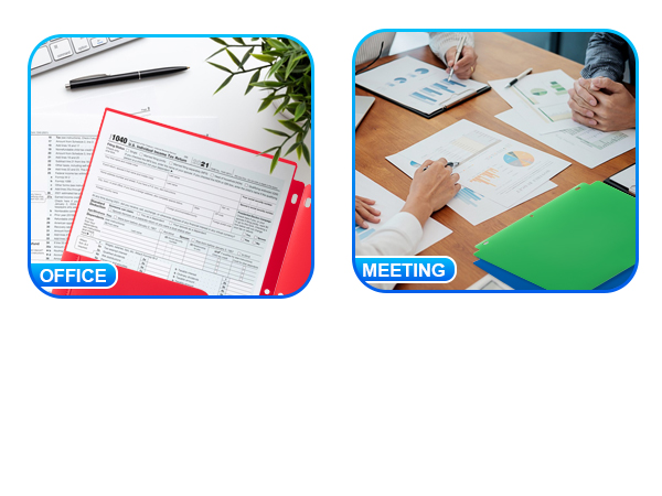 feature 3-hole punches allowing them to be put in binders, and have a business card slot
