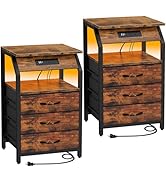 SZLHANJZ End Tables Set of 2, Nightstands with Charging Station and LED Lights, 3 Drawers Fabric ...