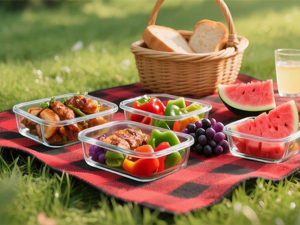 Glass food storage container with lids