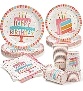 PCLMLES 100pcs Birthday Party Plates Disposable Tableware Set Birthday Cake Pattern for 25 Guests...
