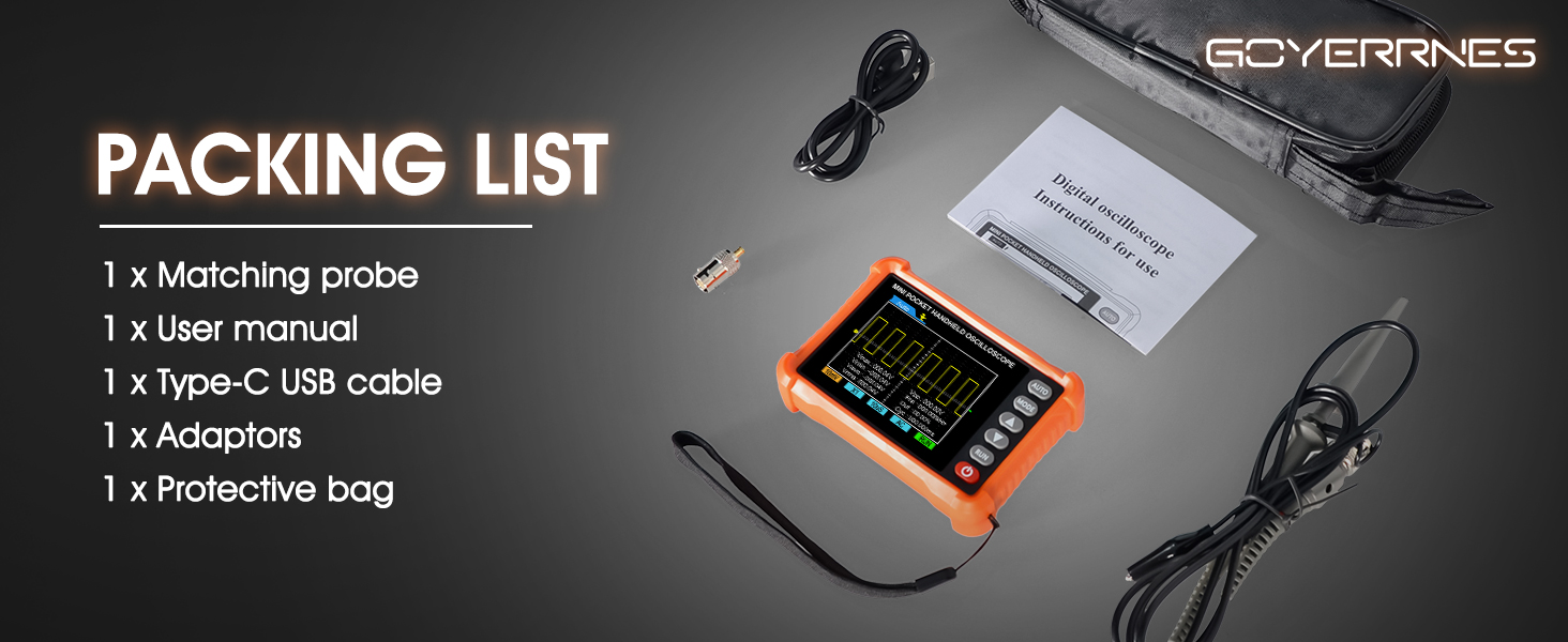 Text reads 'PACKING LIST' followed by list items: '1 x cleaning cloth, 1 x User manual, 1 x spec case, 1 x leather sleeve, 1 x Protective bag'. '@CYBERGLASS' watermark visible.