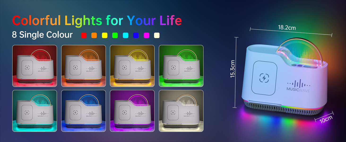Text reads 'Colorful Lights for Your Life'. Display grid showing LED light cube in various color settings, with spectrum indicator showing multiple color options.