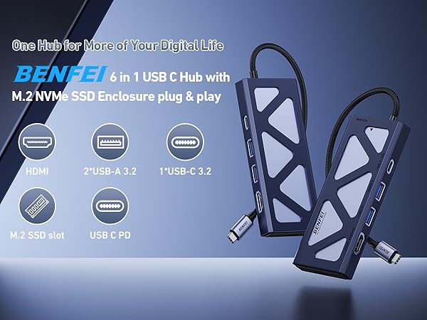 Text reads 'BENQ 4-in-1 USB C Hub with M.2 NVMe SSD Enclosure plug &amp; play'. Product showcase of a dark-colored USB hub with multiple ports against blue background.