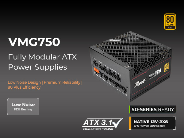 Rosewill 80+ Gold, 750W, ATX 3.1, Full Modular, RTX 50, Native 12v-2x6, low noise