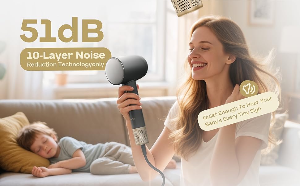 Quiet 51dB low-noise hair dryer used by woman while baby sleeps