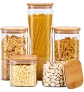 Spreccio Square Glass Food Storage Jars with Lids[Set of 5], Perfect for Pasta, Cookies, Nuts, Co...