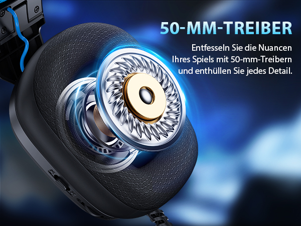 Close-up of a headphone speaker featuring a 50mm driver. The driver's intricate internal structure is visible, with a golden central component surrounded by a silver diaphragm.