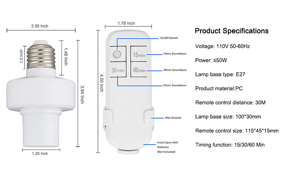 Socket Type: E26/E27, Voltage: AC 110-120V, 50/60Hz, Timing: 15/30/60min