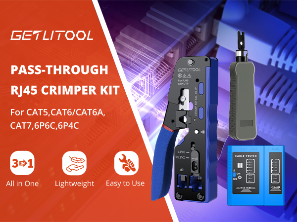Text reads 'GETLITOOL', 'PASS-THROUGH', 'RJ45 CRIMPER KIT'. Marketing banner showing networking tools with icons indicating '3-in-1', 'Lightweight', 'Easy to Use' features.