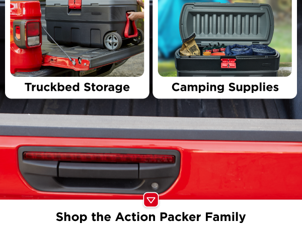 Image of storage container against wall with text reading garage tools.