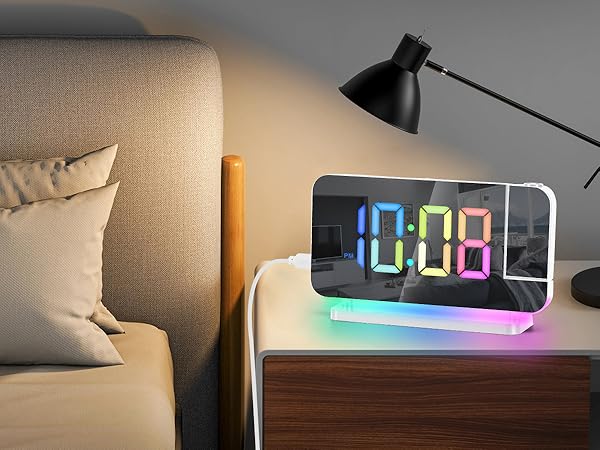 projection led mirror digital alarm clock with rgb night light