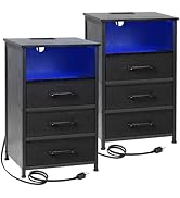 LOAKEKEL Black Night Stand Set 2, LED Nightstand with Charging Station, End Tables with 3 Fabric ...
