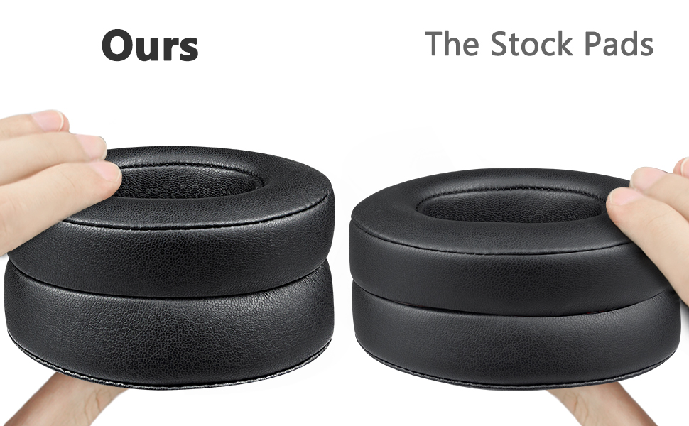 Text reads 'Ours' and 'The Stock Pads'. Comparison of black circular cushioned pads shown from different angles, demonstrating thickness and shape.