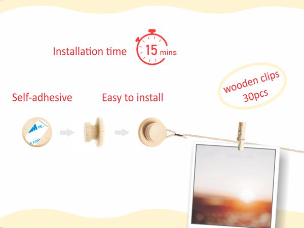 Hanging Photo Display Room Wall Decor - 5 Strings with 30 Clips - Sculptural Picture Frames Collage