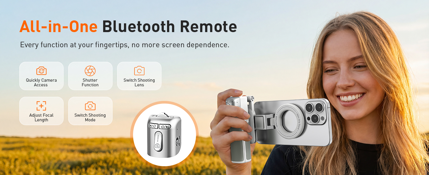 Text reads 'All-in-one Bluetooth Remote'. Woman smiling outdoors holding multiple remote control devices with product images and specifications displayed.