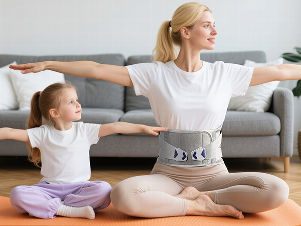 Gray waist belt with moon phase design worn during yoga. Adult and child in white shirts stretching arms, sitting on orange mat in living room.