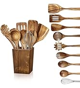 Wooden Spoons for Cooking - 11 Piece Natural Teak Wood Kitchen Utensil Set, Wooden Spoons Set wit...