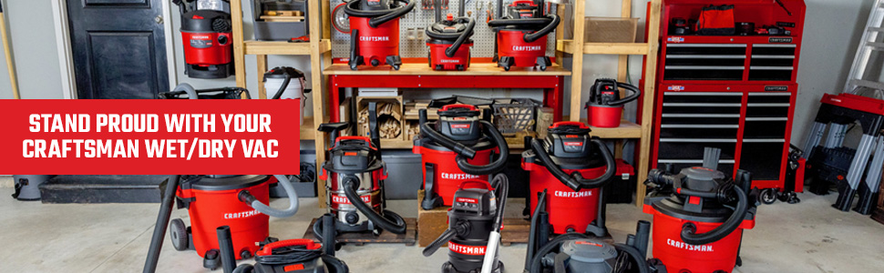 CRAFTSMAN wet dry shop vacuums family photo in garage with accessories stored onboard