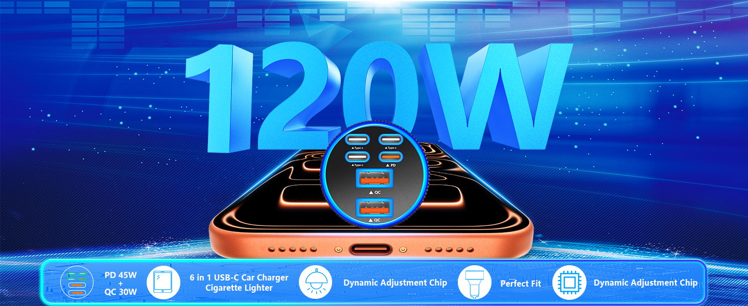 MFi Certified iPhone 17 Car Charger 6Port 120W USB-C+USB-A Power Cigarette Lighter USB-C Car Charger