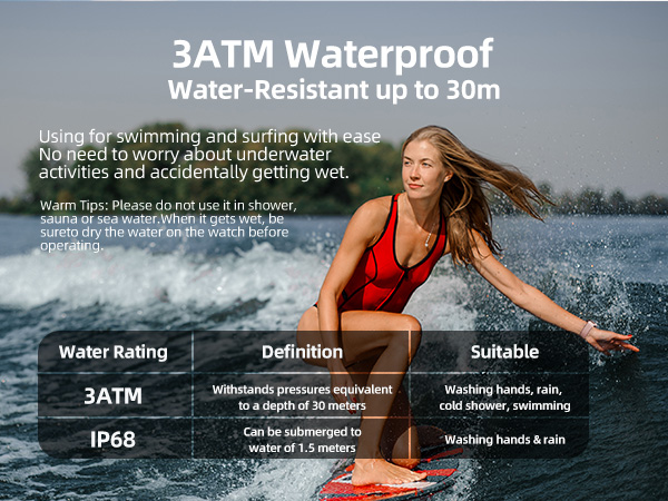 Text reads '3ATM Waterproof'. Technical specifications panel showing water resistance ratings and testing information with waterproof certification details.